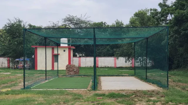 Cricket practice net with turf and concrete pitch