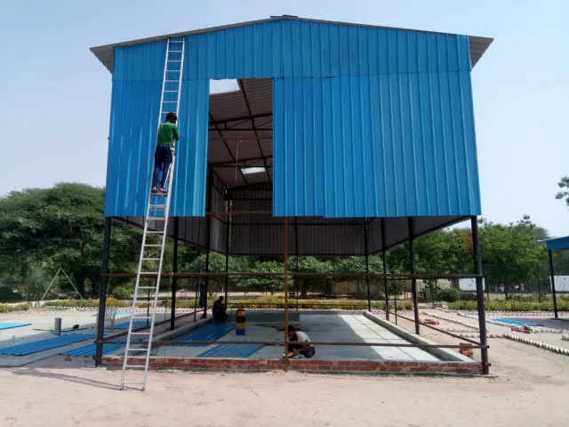 Prefabricated shed during construction